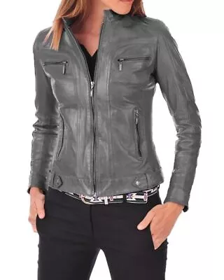 Ladies Women's Gray Leather Jacket 100% Soft Real Lambskin Biker Motorcycle Coat • $239.82