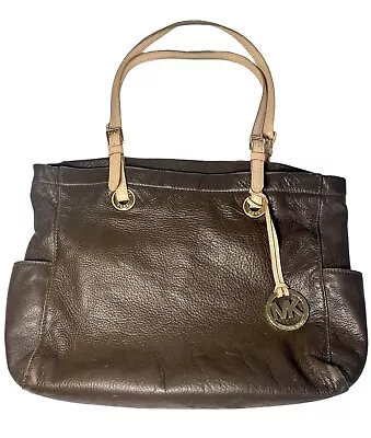 Michael Kors Brown Leather Tote Shoulder Handbag Large Pebbled Travel Carry On • $48.99