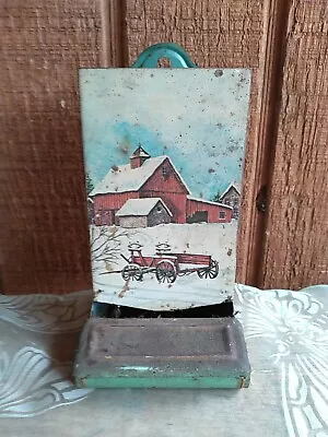 Antique VTG Tin Match Safe Box Holder Fireplace Kitchen Decor SNOW FARM RED BARN • $18