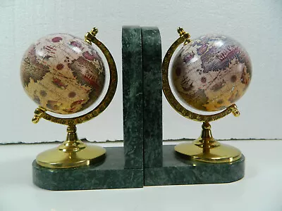 Vintage Globe Bookends Green Marble Set Of 2 Library Office Study Den • $35
