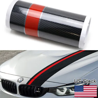 5D Carbon Fiber Pattern W/Red Rally Racing Stripe Front Hood Decal Universal • $18.99