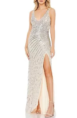 Mac Duggal 5372 Stripe Sequin Gown Sz 2 Nude Silver • $182.40