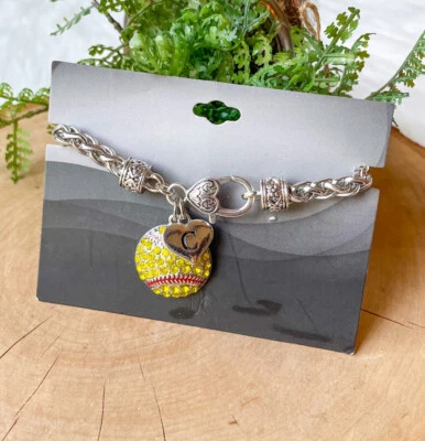 $16.88 • Buy Softball Yellow Crystal Silver Ball Bracelet Jewelry Team Charm Initial C Bling