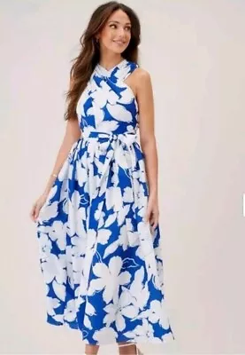 Michelle Keegan Floral Wrap Halter Neck Classic Midi Dress Blue Size 12 NEW £55 • £17.99