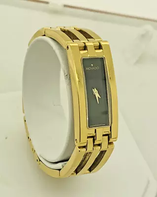 Ladies MOVADO ESPERANZA Rectangular Black 18k Gold Plate Quartz Watch 88 H5 1400 • $119