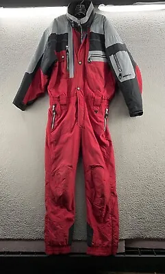 VTG Obermeyer Snowsuit Mens Large Red One Piece Bib Retro Coveralls 80s Hooded • $98.89
