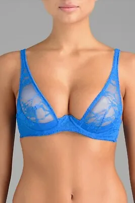 COCO DE MER Bra 34D Blue Muse 1/4 Cup Plunge Lace Floral High Apex Womens • £14.99