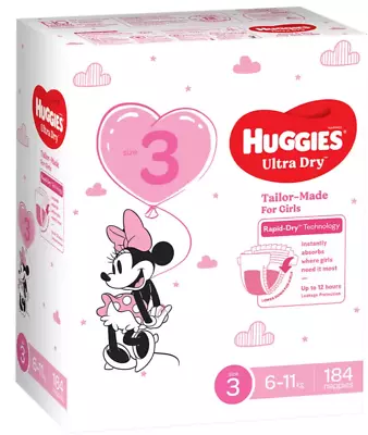 Huggies Girls' Ultra Dry Nappies Size 3 Crawler (6-11kg) 184 Nappies • $89.88