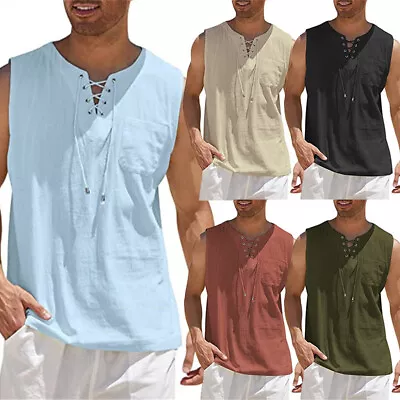 £4.06 • Buy Mens Short Sleeve T-shirt Casual Loose V Neck Lace Up Tunic Tops  Tank Vest UK