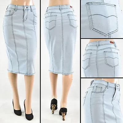 New Women 27  Skirt Stretch Denim No Slit Pencil Light Indigo Wash #WG-77105 • $26.99