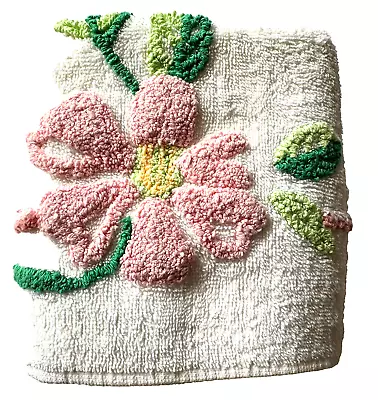 Vtg Martex Cotton Wht Hand Towel W/Chenille Tufted Sculpted Pink Petaled Flower • $15.99