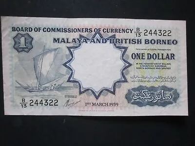 1 Dollar Malaya & British Borneo 1959 Banknote (Higher Grade VF+) Fancy Serial # • $15.99