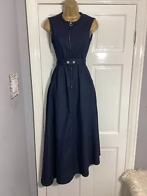 Exquisite Zara Denim Asymetric Zip Front Midaxi Sleeveless Belted Dress Size XS  • £15