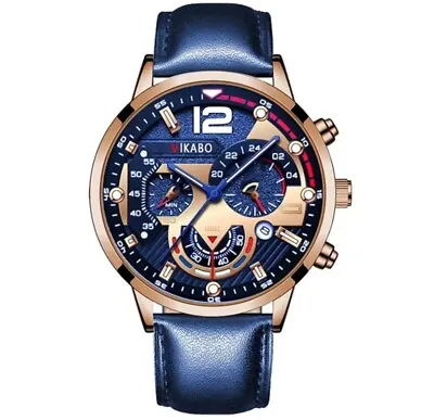 Men's Luxury Water Resistant Watch With Leather Strap Navy Blue Gold Quartz UK • £8.99