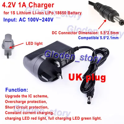 AC/DC UK Plug Adapter Charger For 3.7v 4.2v 1S 18650 Lithium Li-ion Lipo Battery • £4.98