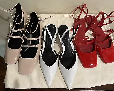 Zara -3 Pairs. Strappy Red  Slingbacks Beige 3 Strap Heels White Pointy Toe 37 • $21