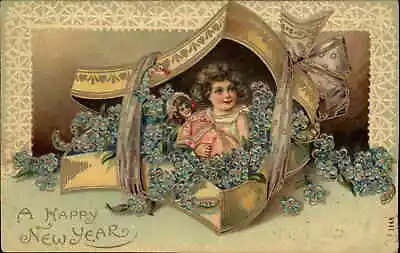 New Year Fantasy Little Girl With Doll Dolly In Gift Box C1910 Vintage Postcard • $8.29