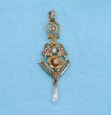 Antique Art Nouveau Lavalier Pendant 14k Old Miners Cut Diamond Baroque Pearl  • $460