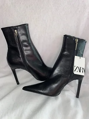 ZARA Woman Ankle Heeled Boots Size 36EU /6US Booted Toe Black Stilettos NB NWT • $39.99