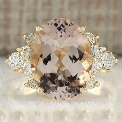 8.51ct Oval Peach Natural Morganite Gemstones Diamond Ring Real 14K Yellow Gold • $999