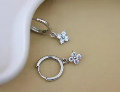 £11.95 • Buy Sterling Silver Dainty Crystal Diamond Flower Dangle Drop Hoop Earrings