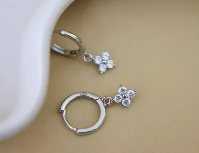 £11.95 • Buy Sterling Silver Dainty Crystal Diamond Flower Dangle Drop Hoop Earrings