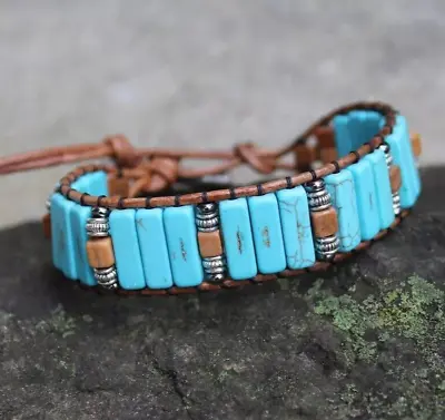 Men's Turquoise And Tiger Jasper Beaded Brown Leather Cuff Bracelet Handmade USA • $32.99