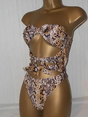 Ochre / Navy / Cream River Island Strapless Cut Out Knot Swimsuit Size 10 • £4.99