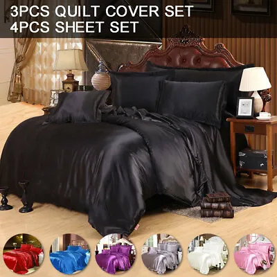 $51.29 • Buy Silk Satin Solid Quilt Duvet Doona Cover Set/Sheet Set Queen King Size Bed Linen