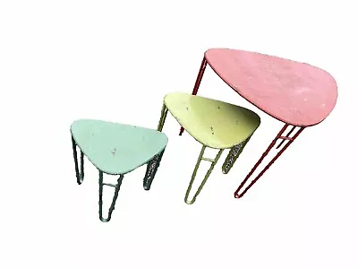 Set 3 Vintage Guitar Pick Shaped Metal Nesting Stacking Tables Hairpin Legs • $75