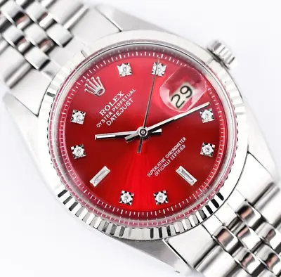 Rolex Datejust 1601 Cherry Red Baguette Diamond Dial 36mm Watch Steel / 18K Gold • $4494