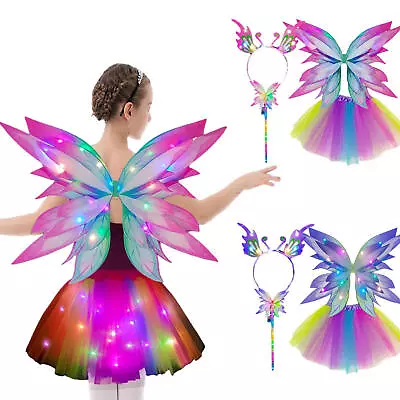 Girls Dress Up Fairy Rainbow Butterfly Wings Costume Lights Gradient Cosplay • £24.78