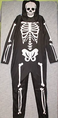 Mens Skeleton Costume Adult All In One Halloween Jumpsuit Hood Fancy Dress XL • $29.99