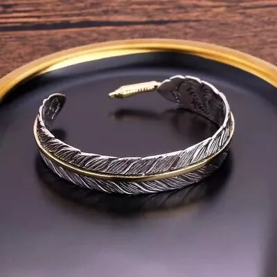 Women Men Retro Vintage 925 Sterling Gold Silver Feather Cuff Bangle Bracelet US • $8.26