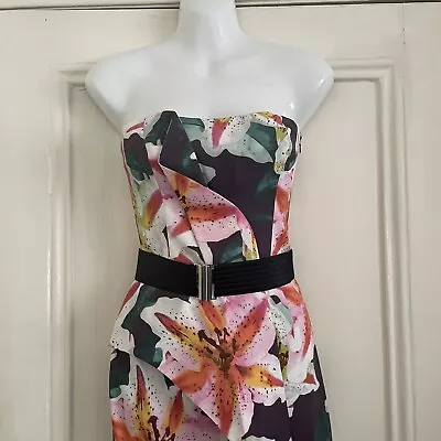 Karen Millen Strapless Lily / Tropical Flower Belted Pencil Dress - UK 8 - New • £65