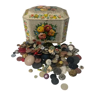 Floral Flower Tin Made In Great Britain Hinged Lid With Vintage Buttons Inside • $24.99