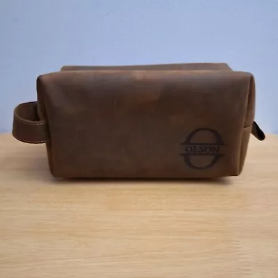 Men's Brown Leather Toiletry Travel Bag Kit Shaving Rectangle Zip 9x5x4  Olson  • $14.99