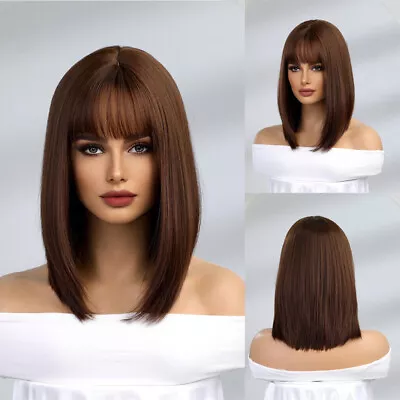 Natural Dark Brown Synthetic Hair Wigs For Women Bob Wig With Bangs Daily US • $16.14