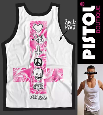 Pistol Boutique Men's White ROSES LOGOS CROSS Back Print Vest Top Singlet Tank • £25.19