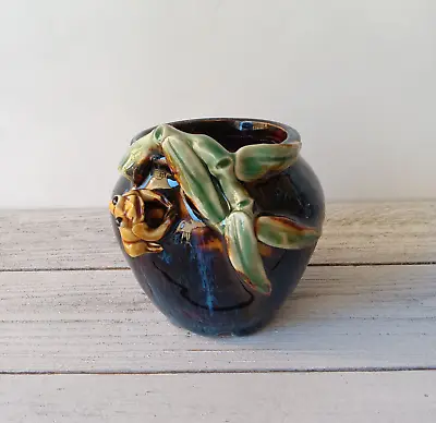 Vintage Frog On Bamboo Glazed Majolica Style Vase Pot Planter 3.5  Kitschy Blue • $18.50
