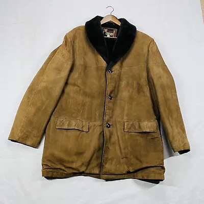 Vintage Cresco Shearling Coat Mens Size 44 Long  Brown Faux Suede 70s Bane Retro • $97.49