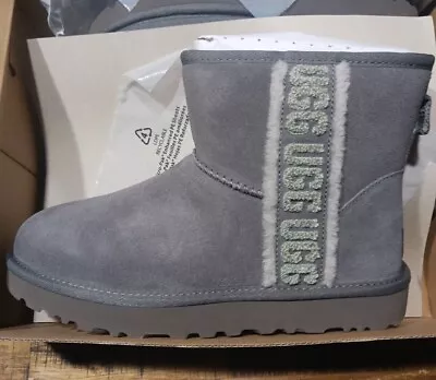 Womens UGG Classic Mini Shearling Logo Gray Sz 8.0 In Box All Papers As Shown • $89.89