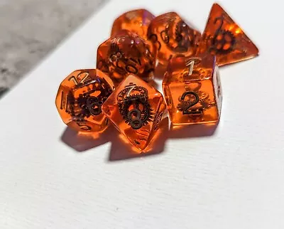 Orange DND Dice Set 7pc Gears Steampunk Resin Dungeons And Dragons **HANDMADE • $8.99