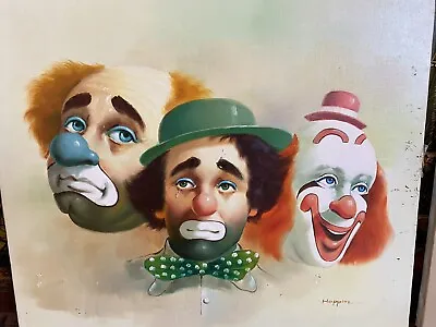 HOPPIN 3 CLOWNS OIL PAINTING CANVAS SIGNED 20X24 Rare Vintage Circus Art • $50