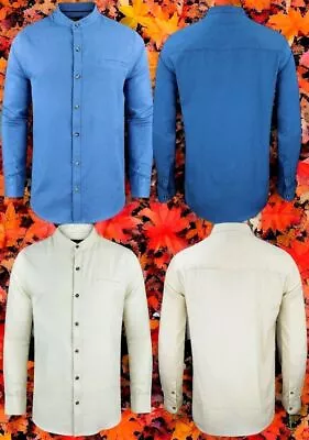 Mens Classic Long Sleeve Casual Plain Shirt With Mandarin/Grandad Collar • £7.99