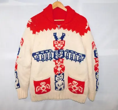 VTG Mens L Wool  Cowichan Sweater Jacket Full Zip Native Totem Pole Mary Maxim • $274.99