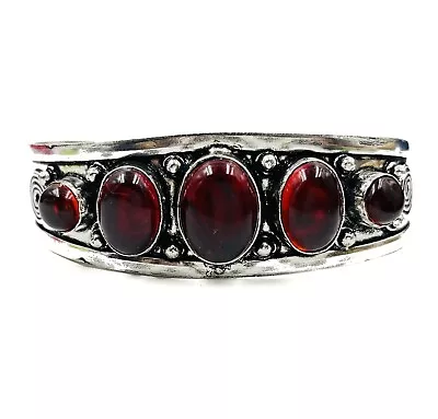 925 Sterling Silver Red Garnet Gemstone Handmade Jewelry Cuff Bracelet • $17.59