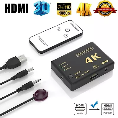 HDMI Switch 4K Splitter 3 Port Selector Switcher Hub IR Remote HDTV 3 In 1 Out • $11.59