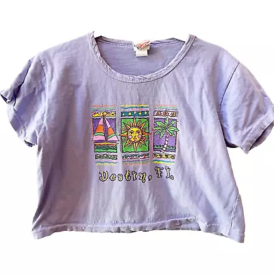 Vtg 90s Women Purple Tropical Graphic Cropped T Shirt Beach Destin Florida Sz L • $28.95