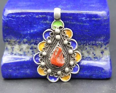 Moroccan Enamel Pendant Coral Stone Teardrop Boho Pendant Berber Pendant #P02 • $35.99